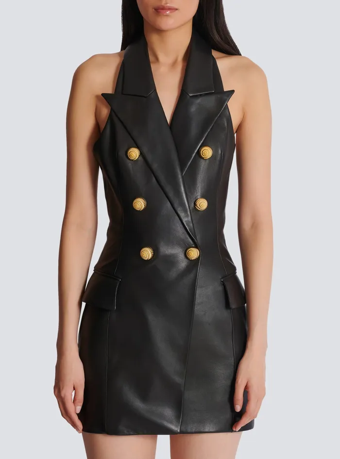 Balmain Lambskin Leather Halterneck Dress Black Women Dresses