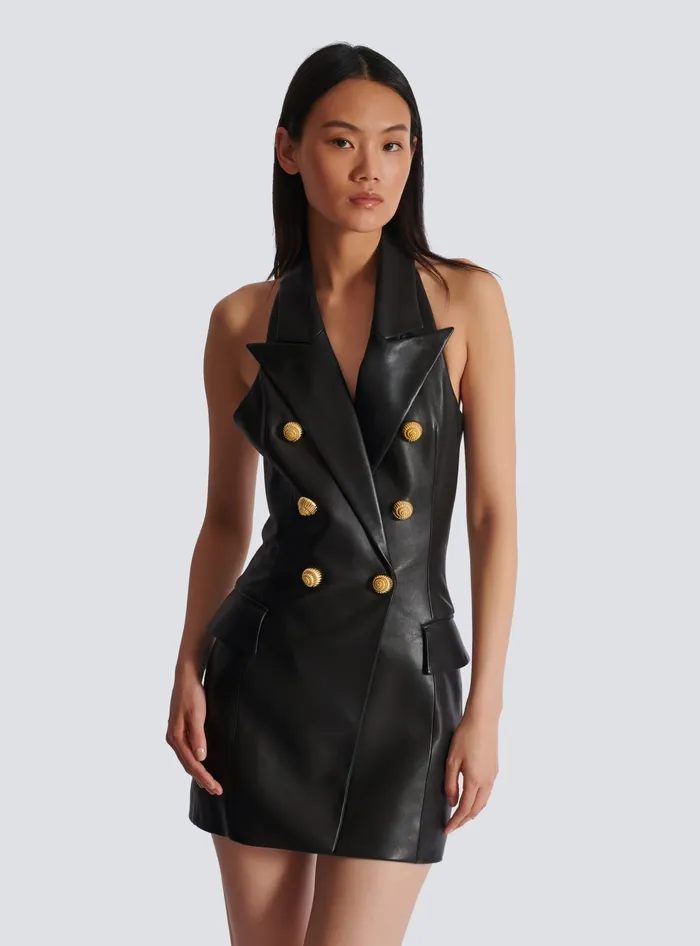 Balmain Lambskin Leather Halterneck Dress Black Women Dresses