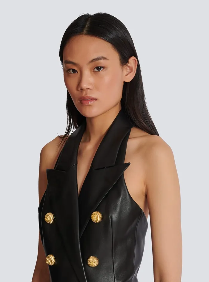 Balmain Lambskin Leather Halterneck Dress Black Women Dresses