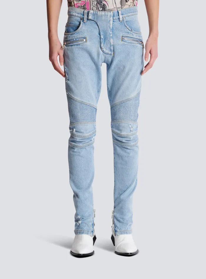 Balmain Light Blue Denim Biker Jeans Blue Men Denim