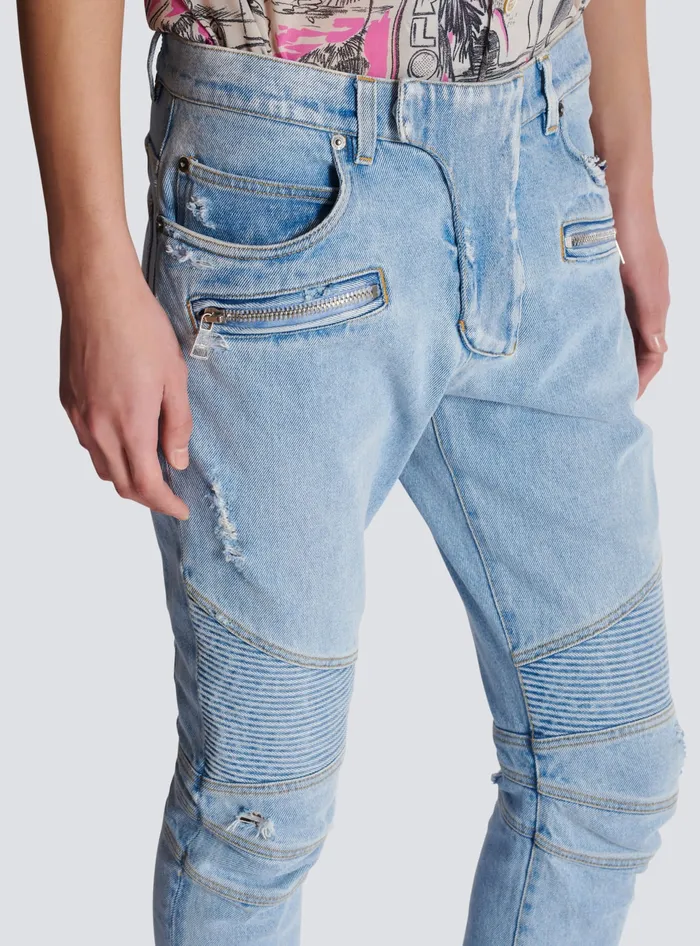Balmain Light Blue Denim Biker Jeans Blue Men Denim