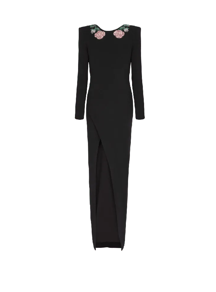 Balmain Long Backless Dress With Roses Embroidery Black Women Dresses