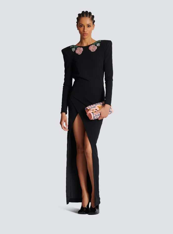 Balmain Long Backless Dress With Roses Embroidery Black Women Dresses