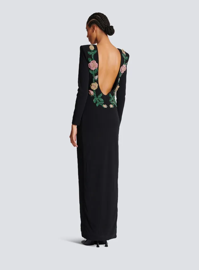 Balmain Long Backless Dress With Roses Embroidery Black Women Dresses