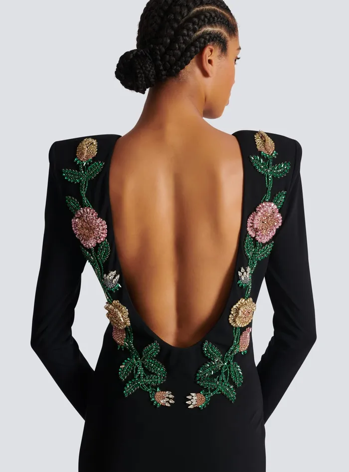 Balmain Long Backless Dress With Roses Embroidery Black Women Dresses