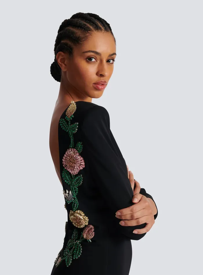 Balmain Long Backless Dress With Roses Embroidery Black Women Dresses