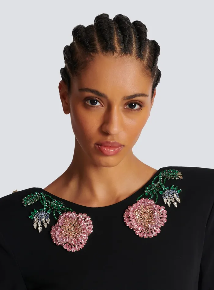 Balmain Long Backless Dress With Roses Embroidery Black Women Dresses