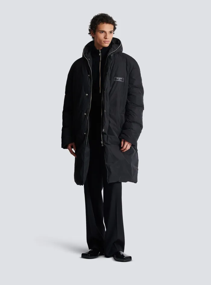 Balmain Long Down Nylon Jacket With Label Black Men Outerwear