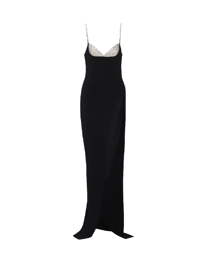 Balmain Long Embroidered Knit Dress With Leg Slit Black Women Dresses