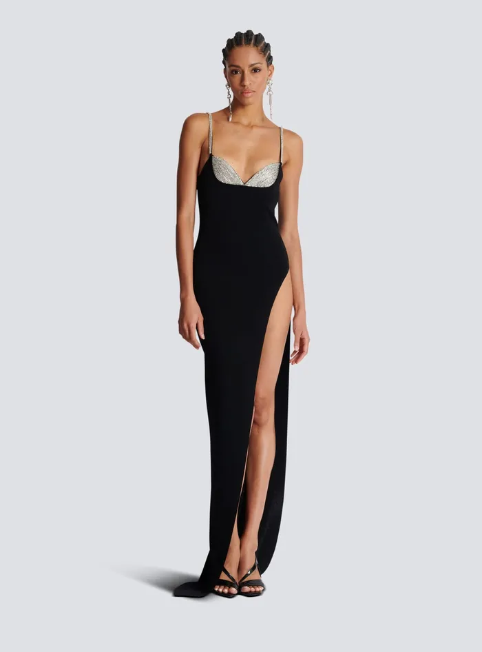 Balmain Long Embroidered Knit Dress With Leg Slit Black Women Dresses
