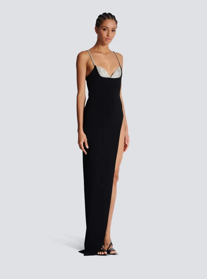 Balmain Long Embroidered Knit Dress With Leg Slit Black Women Dresses