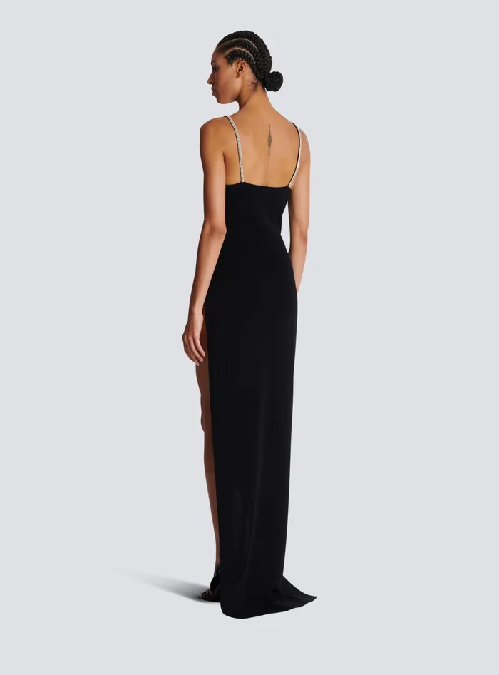 Balmain Long Embroidered Knit Dress With Leg Slit Black Women Dresses