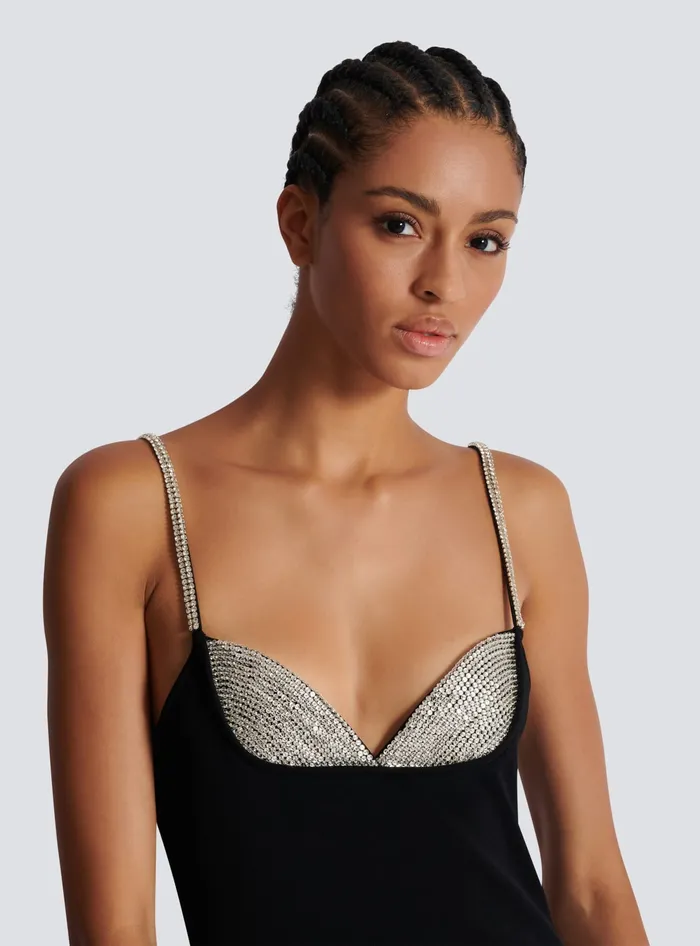Balmain Long Embroidered Knit Dress With Leg Slit Black Women Dresses