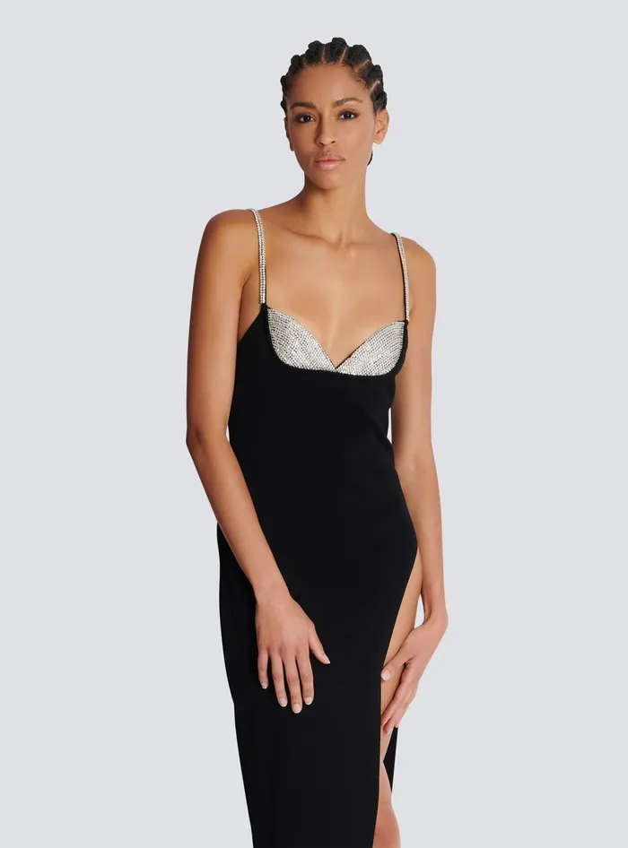 Balmain Long Embroidered Knit Dress With Leg Slit Black Women Dresses