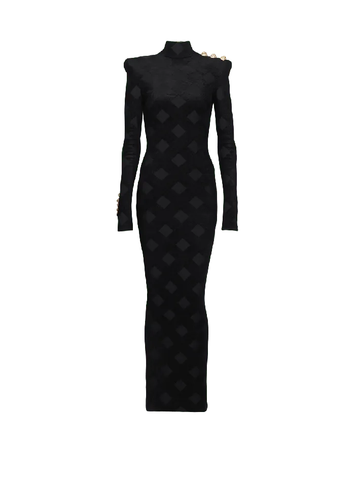 Balmain Long Gingham Boucleacute Dress Black Women Dresses