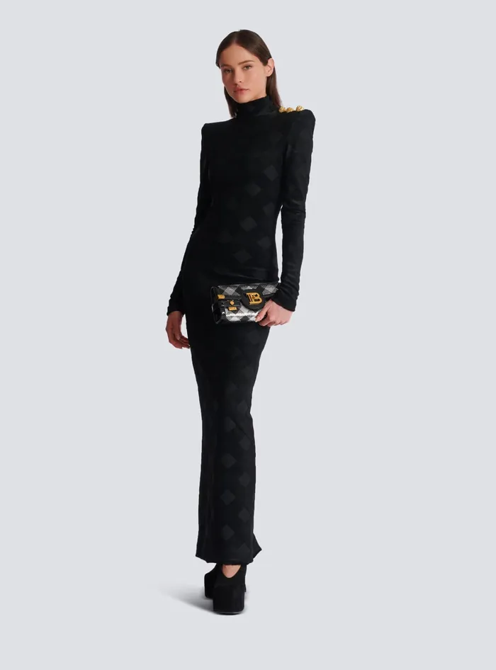 Balmain Long Gingham Boucleacute Dress Black Women Dresses