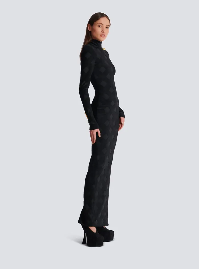 Balmain Long Gingham Boucleacute Dress Black Women Dresses
