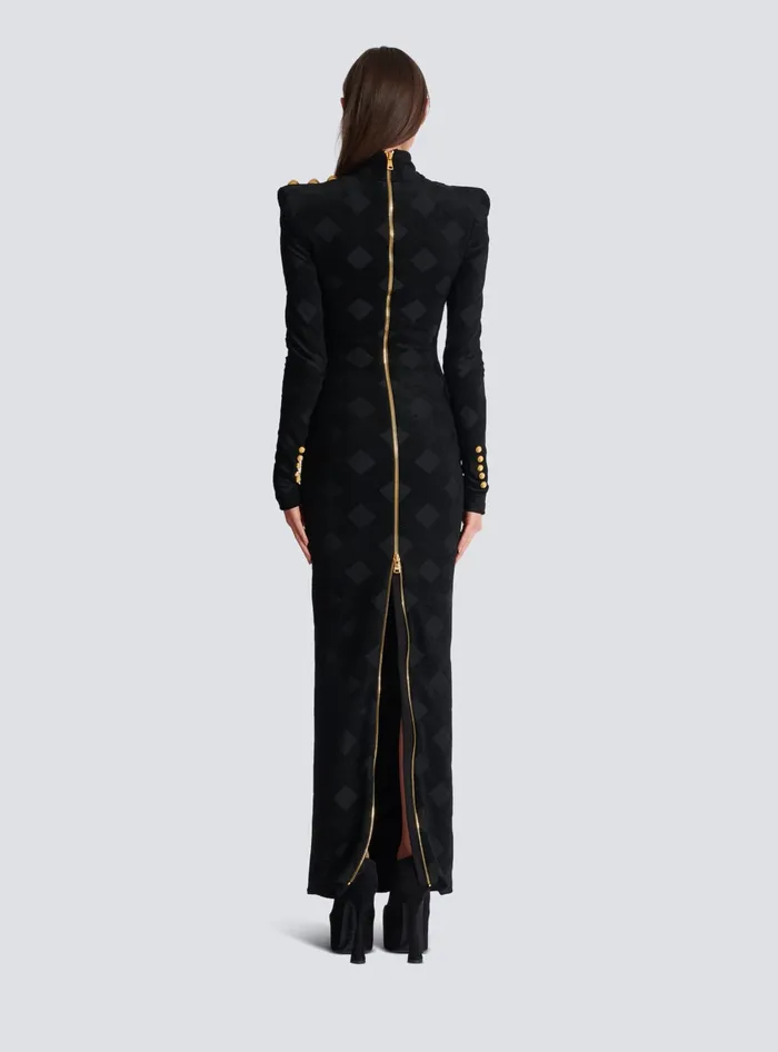 Balmain Long Gingham Boucleacute Dress Black Women Dresses