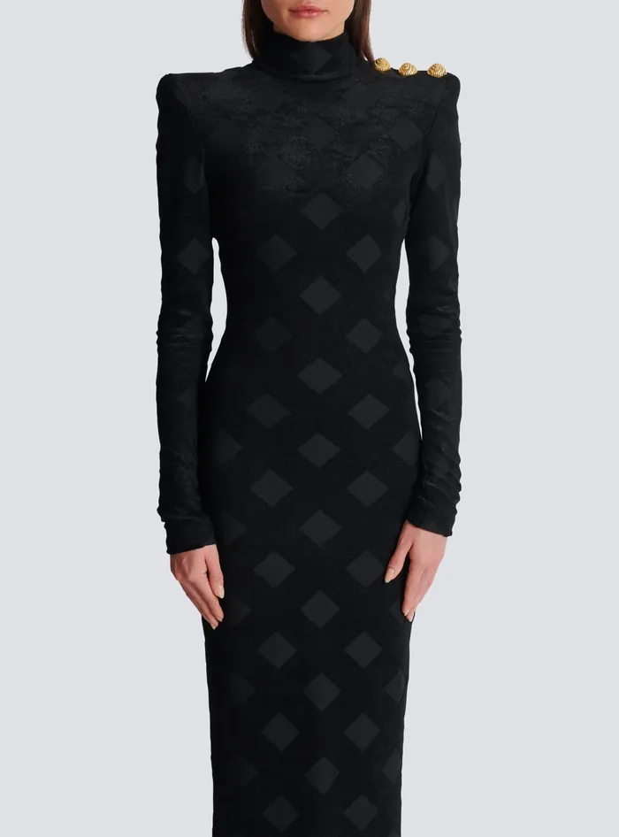 Balmain Long Gingham Boucleacute Dress Black Women Dresses