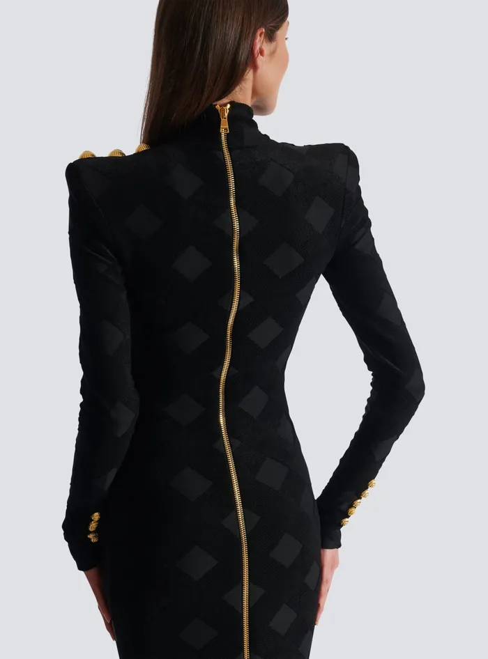 Balmain Long Gingham Boucleacute Dress Black Women Dresses