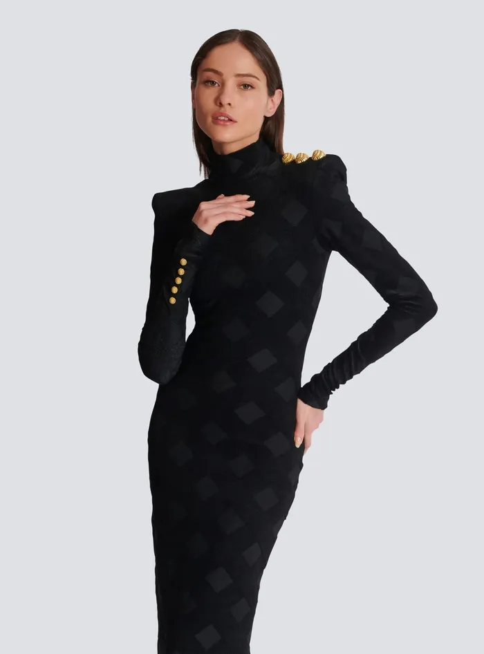 Balmain Long Gingham Boucleacute Dress Black Women Dresses
