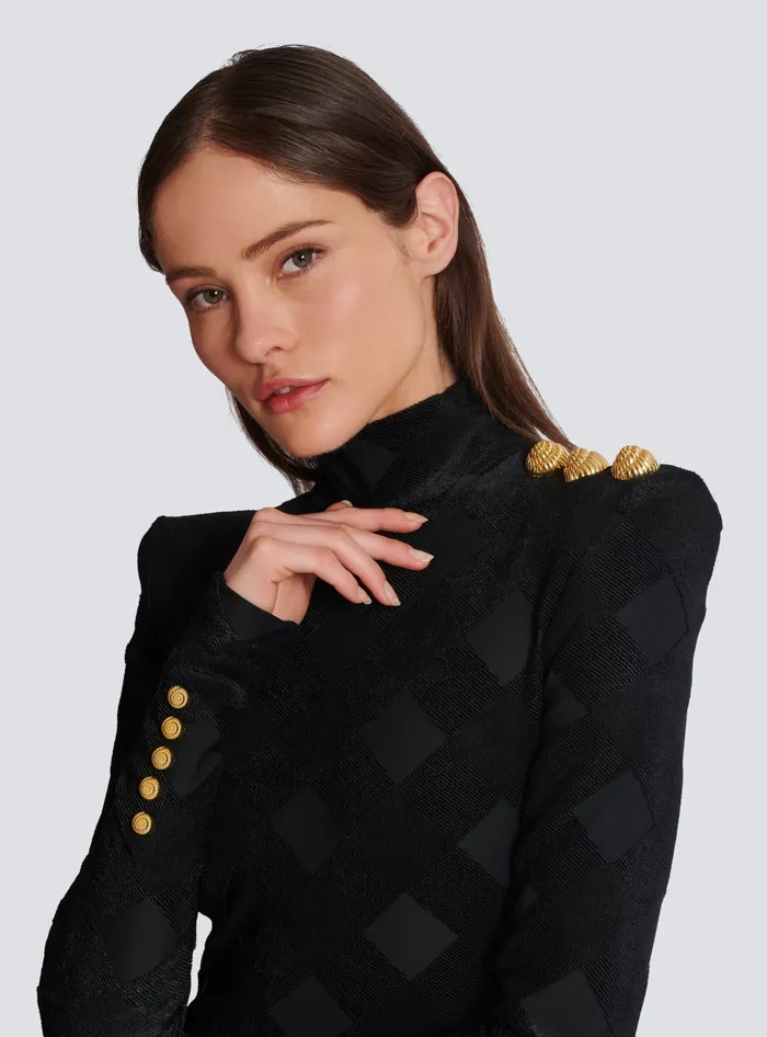 Balmain Long Gingham Boucleacute Dress Black Women Dresses