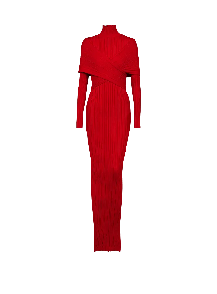 Balmain Long Pleated Knit Dress Red Women Dresses