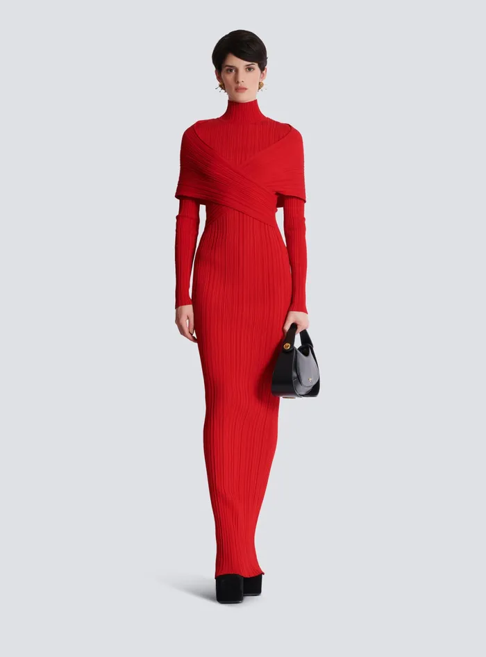 Balmain Long Pleated Knit Dress Red Women Dresses