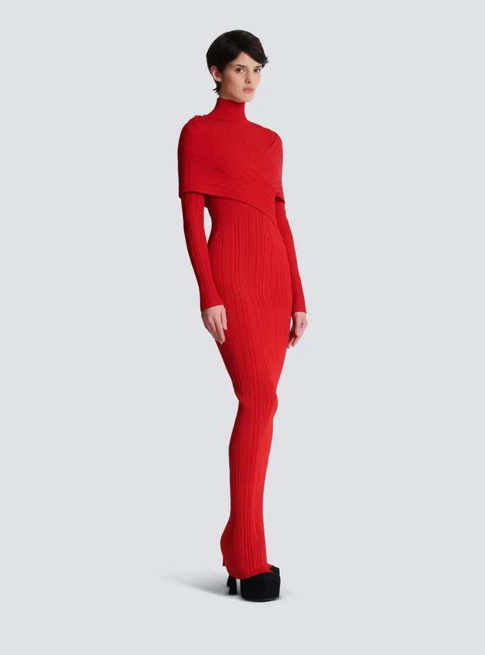 Balmain Long Pleated Knit Dress Red Women Dresses