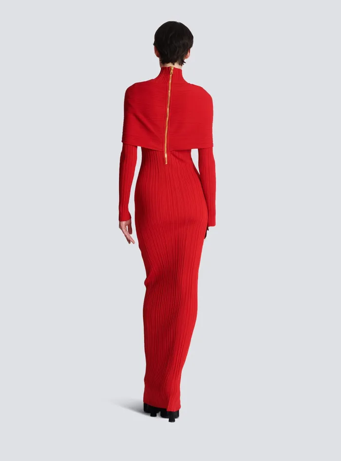Balmain Long Pleated Knit Dress Red Women Dresses