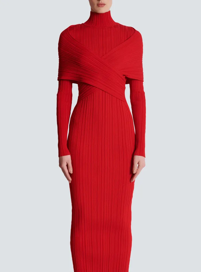 Balmain Long Pleated Knit Dress Red Women Dresses