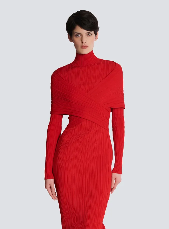 Balmain Long Pleated Knit Dress Red Women Dresses
