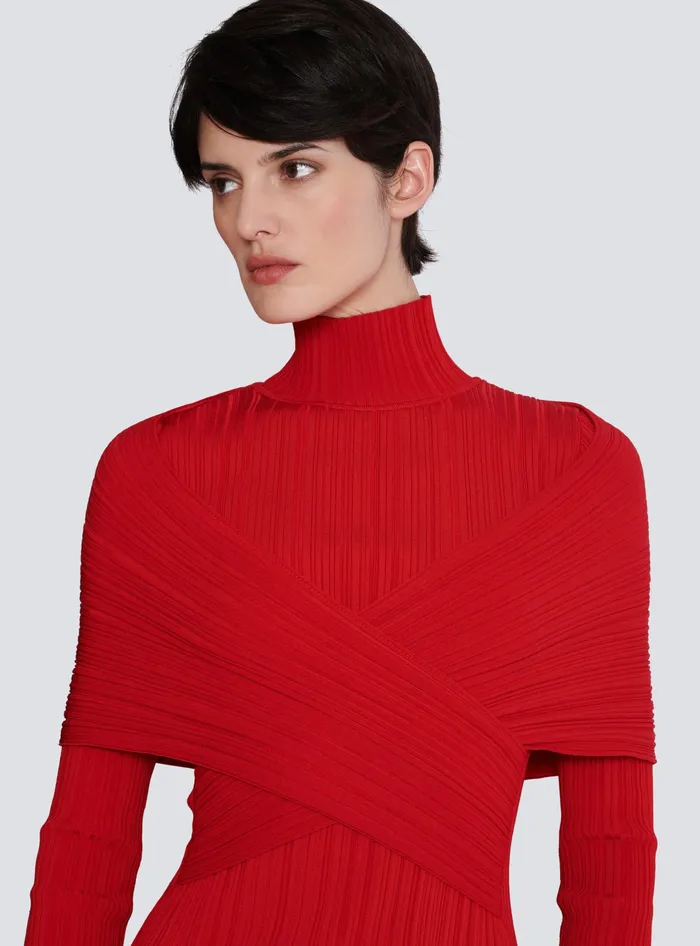 Balmain Long Pleated Knit Dress Red Women Dresses