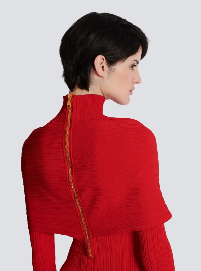 Balmain Long Pleated Knit Dress Red Women Dresses