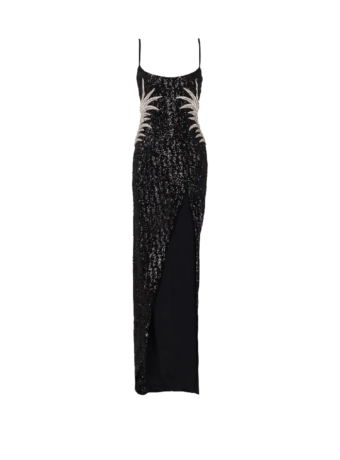 Balmain Long Sequin Palm Tree Dress Black Women Dresses