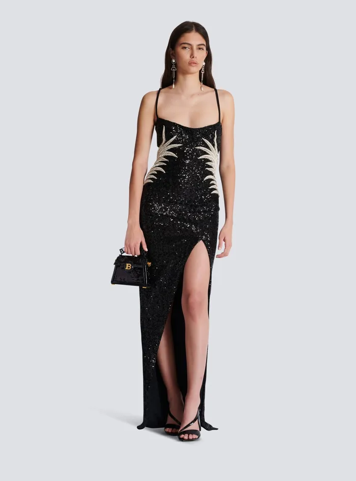 Balmain Long Sequin Palm Tree Dress Black Women Dresses