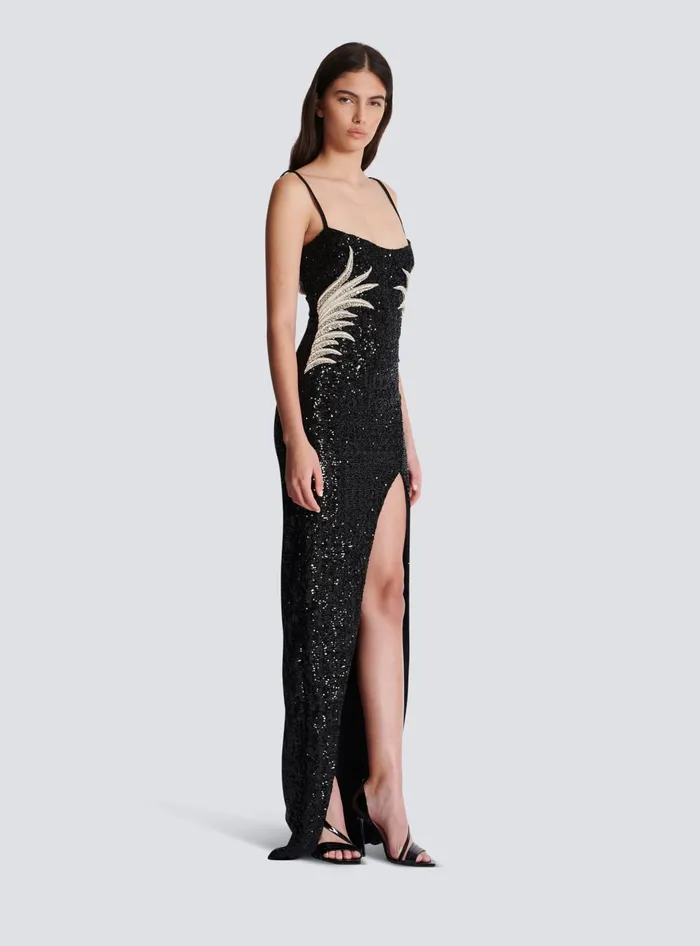 Balmain Long Sequin Palm Tree Dress Black Women Dresses