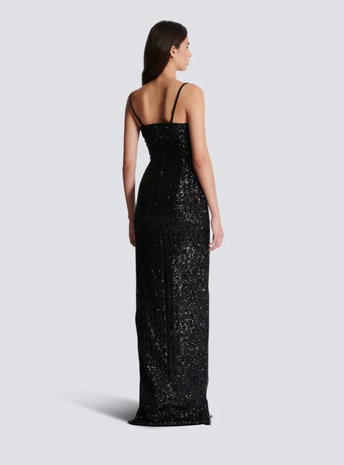 Balmain Long Sequin Palm Tree Dress Black Women Dresses