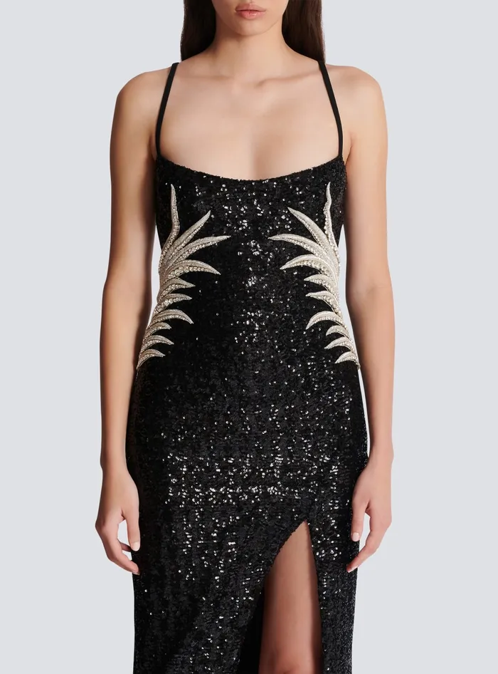 Balmain Long Sequin Palm Tree Dress Black Women Dresses