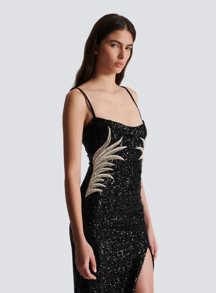 Balmain Long Sequin Palm Tree Dress Black Women Dresses