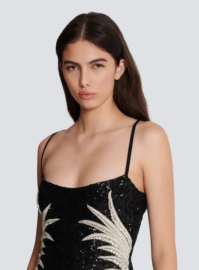 Balmain Long Sequin Palm Tree Dress Black Women Dresses