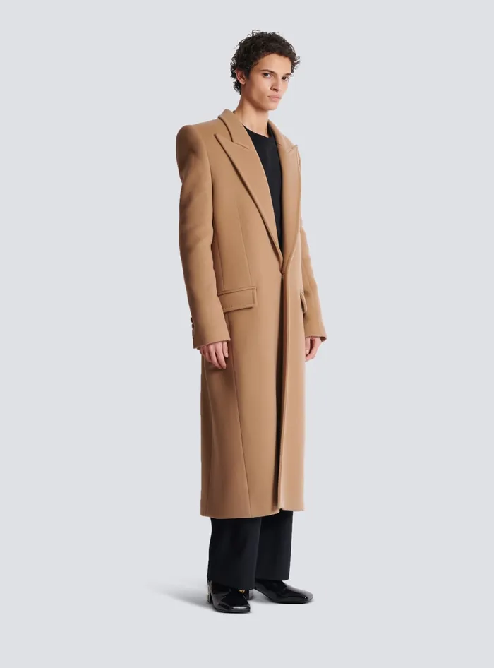 Balmain Long Wool And Cashmere Coat Brown Men Outerwear