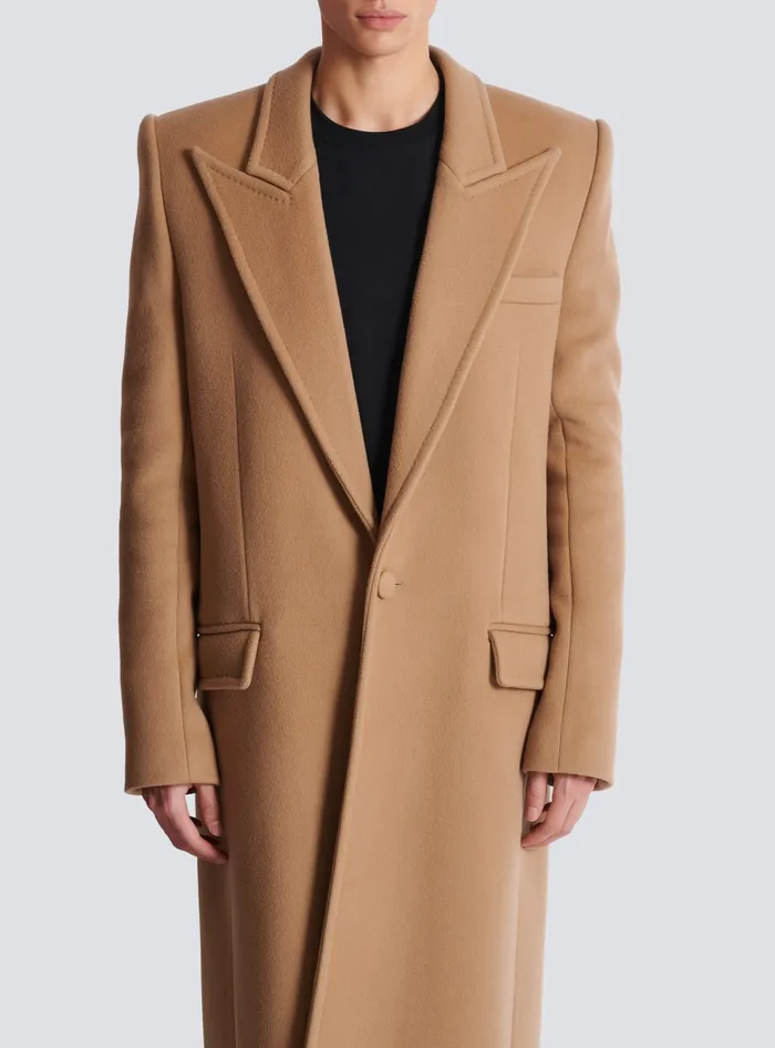 Balmain Long Wool And Cashmere Coat Brown Men Outerwear