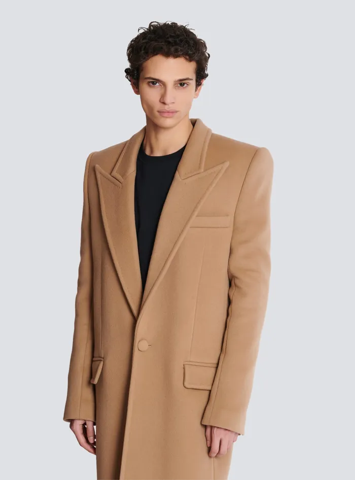 Balmain Long Wool And Cashmere Coat Brown Men Outerwear
