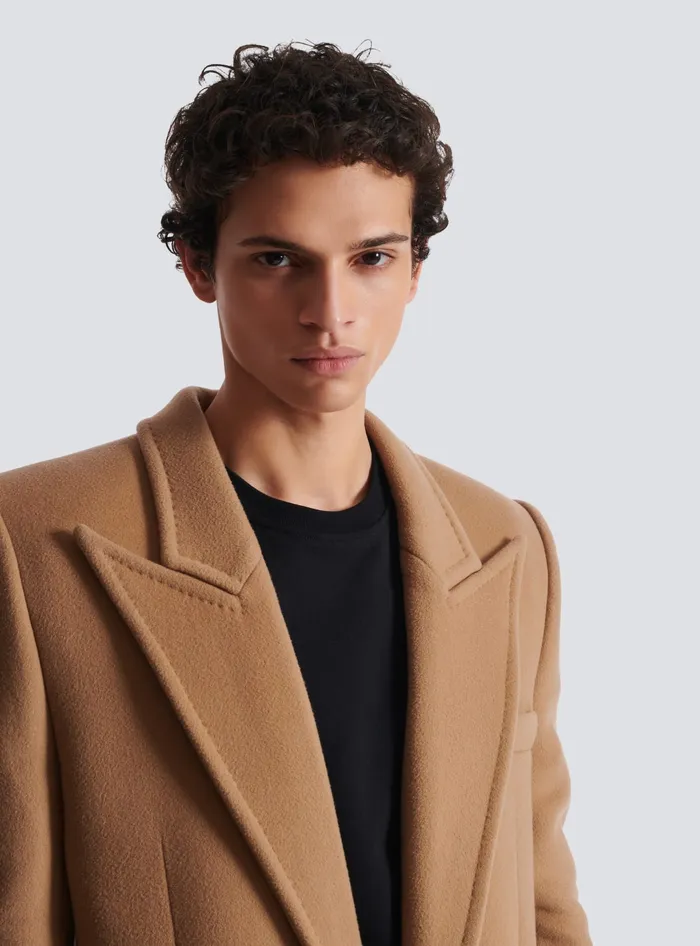 Balmain Long Wool And Cashmere Coat Brown Men Outerwear