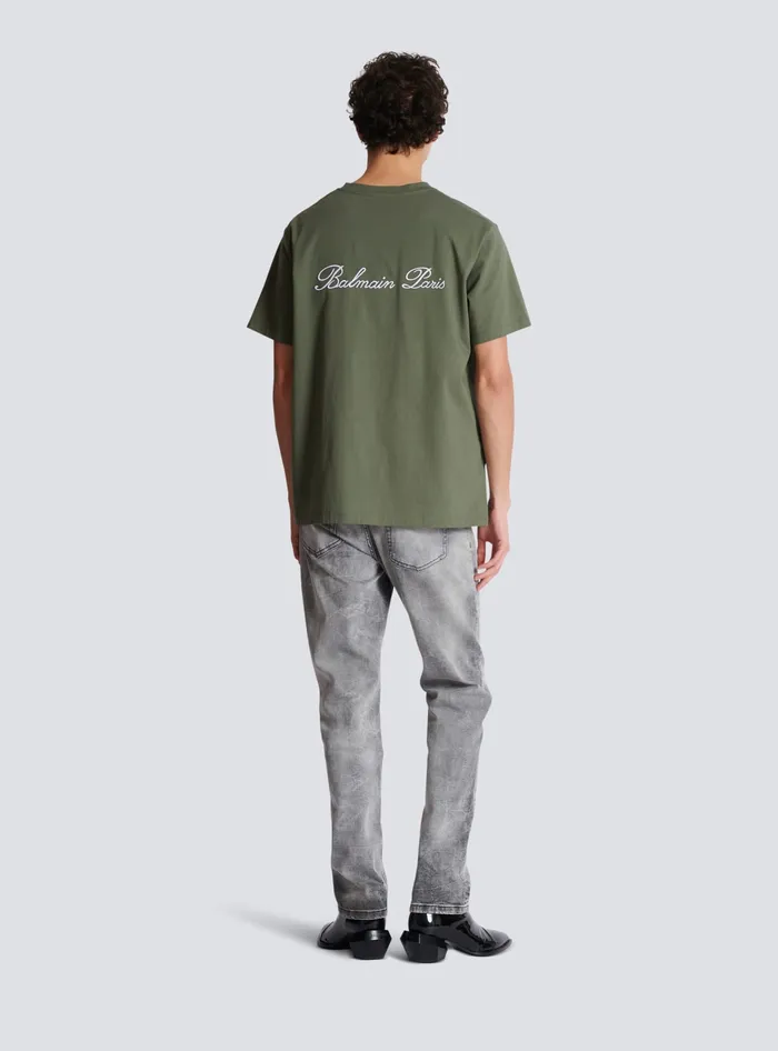 Balmain Loose Tshirt With Signature Embroidery Khaki Men TShirts