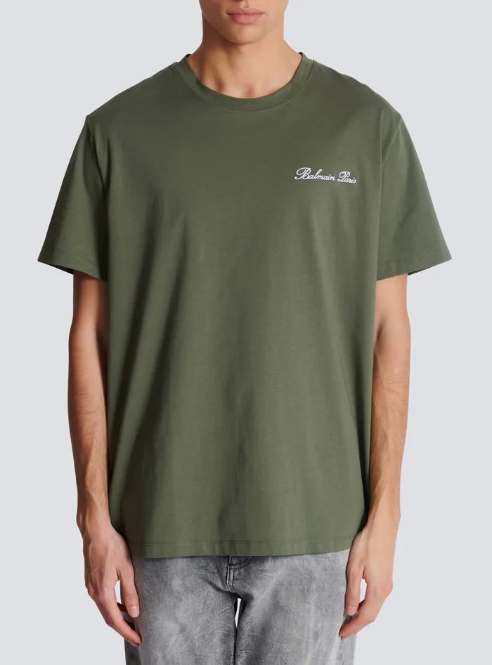 Balmain Loose Tshirt With Signature Embroidery Khaki Men TShirts
