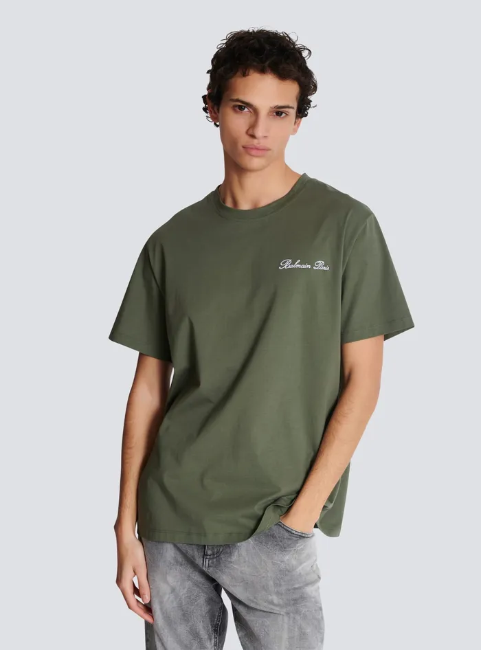 Balmain Loose Tshirt With Signature Embroidery Khaki Men TShirts