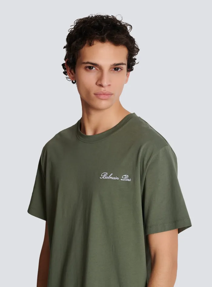 Balmain Loose Tshirt With Signature Embroidery Khaki Men TShirts