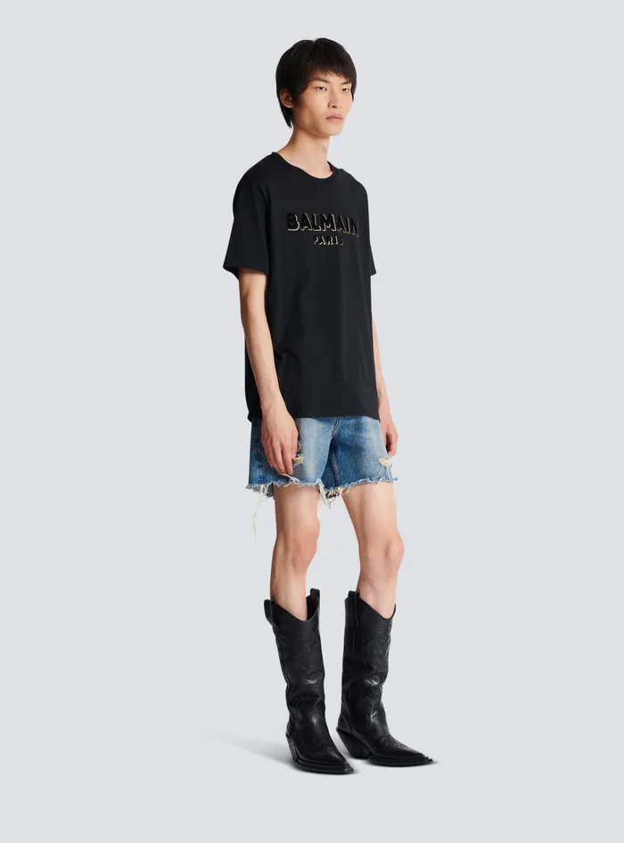 Balmain Metallic Flocked Tshirt Gold Men TShirts